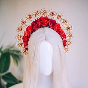Boho Wedding Gold Halo Boho Wedding Crown Wedding headpiece Boho Wedding Tiara Red Flower Crown Sunburst Crown Halo Headpiece