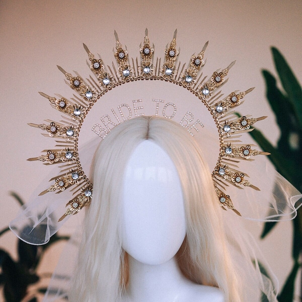 Bride halo crown, Bride headband, Bride to be, Bachelorette party, Gold halo crown, Gold crown, Goddess crown, Wedding veil, Wedding garter