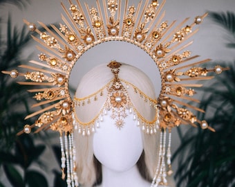 Celestial Gold Halo Crown Bruidszendspoel Parelgodin bruiloft fotoshoot