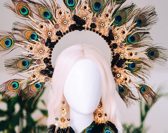 Golden Peacock Masquerade Halo Crown Floral Feather Carnival Headpiece