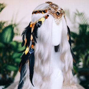 Gold Black Feather Headpiece, Festival Crown, Celestial Chain Tiara, Halloween Accessory, Boho Headpiece for Carnival
