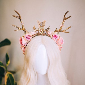 Deer Flower Crown, Headband, Headpiece, Gold Horns Crown, Pink Tiara, Halloween Party Crown, Festival, Burning man, Halloween, Deer Costume