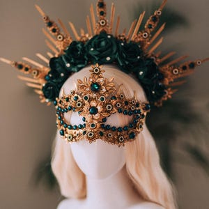 Emerald Gold Masquerade Mask, Luxury Floral Mask with Crystals, Elegant Carnival Accessory for Balls, Festivals, Weddings & Costume Events