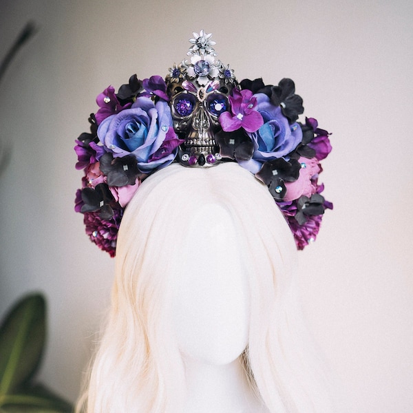 Couronne de fleurs violettes, couronne de halo d'or, couronne de La Catrina, bandeau d'Halloween, costume d'Halloween, casque d'Halloween, casque de fleur, Spooky