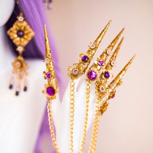 Purple Flower Finger Claws, Gold Bracelet, Nails Jewellery, Butterflies, Filigree Jewellery, Gold Finger Jewellery, Photo props, Moon child