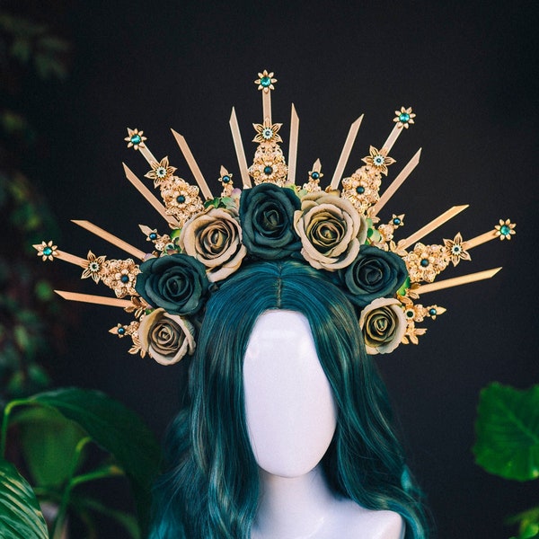 Emerald Flower crown Gold halo Moon crown Bridal Headpiece Goddess crown Celestial Jewellery Burning man Accessories Tiara Diadem Crown Boho