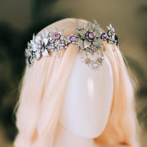 Celestial Silver Flower Crown, Boho Tiara, Moon Star Headpiece, Festival Hair Accessory, Fairy Halo, Wedding Tiara, Halloween Goddess Crown