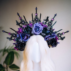 Flower Halo Crown, Halo Headpiece, Halo Headlights, Flower Crown, Celestial, Headpiece, Black Flower Crown, Purple Flower Crown, Halloween