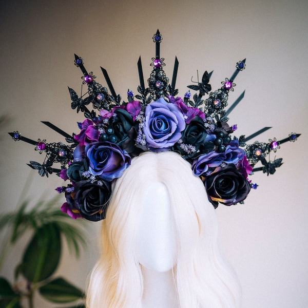Flower Halo Crown, Halo Headpiece, Halo Headlights, Flower Crown, Celestial, Headpiece, Black Flower Crown, Purple Flower Crown, Halloween
