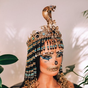Couronne noire Cléopâtre, Couronne turquoise égyptienne, Couronne Cléopâtre pour le carnaval, Coiffe de Mardi Gras, Couronne d&#39;Halloween, Costume royal égyptien