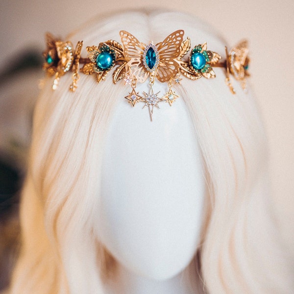 Couronne d'or avec strass turquoise, couronne de papillon, casque de papillon, couronne de mariage, casque de mariée, couronne de fée, couronne elfique