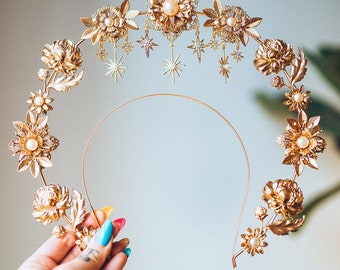 Golden Floral Halo Crown Celestial Goddess Headpiece Bridal Photoshoot Festival Accessory