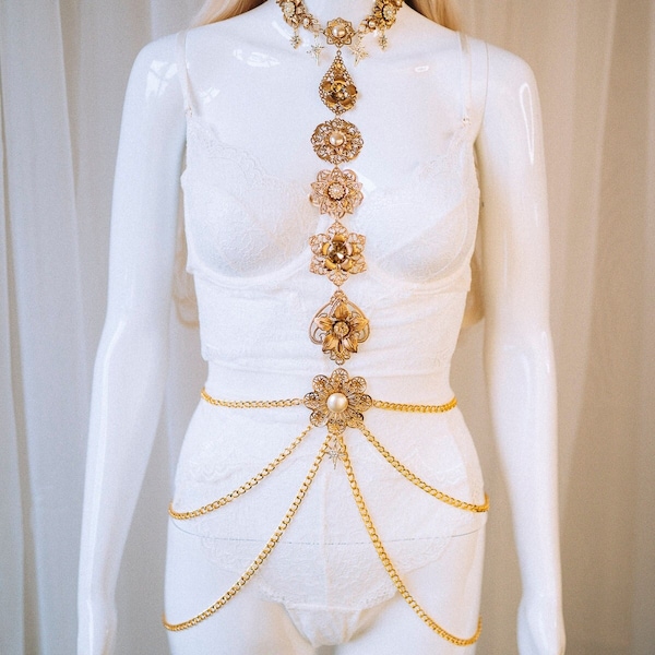 HARNESS Gold Festival Harness Festival Fashion Burning Man Fashion Photo props Valentine Day Beige Harness Burning Man Outfit Body Jewelry