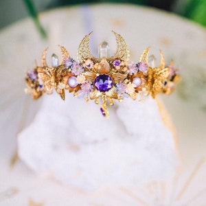 Lavender flower crown, Flower headpiece, Gold crown, Bridal crown, Wedding headpiece, Purple flower crown, Fairy crown, Crystal crown