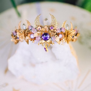 Golden Moon Goddess Crystal Halo Crown Wedding Tiara Floral Celestial Bridal Headpiece