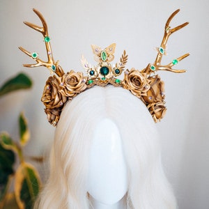 Deer Flower Crown, Headband, Headpiece, Gold Horns Crown, Green Tiara, Halloween Party Crown, Festival, Burning man, Halloween, Deer Costume