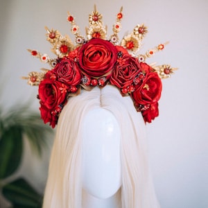 Flower Halo Crown Halo Headpiece Halo Crown Headlights Flower Crown Celestial Headpiece Pregnancy Photo Goddess Red Flowers