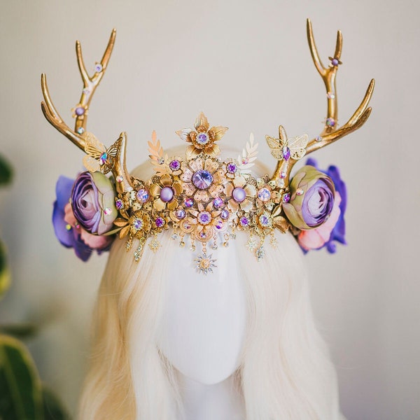 Flower crown, Lavender headband, Flower deer antlers, Gold crown, Christmas Party, Reindeer crown, Fairy crown, Elven tiara, Deer crown