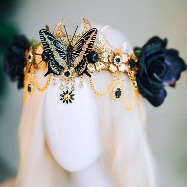Couronne de papillon d'or avec des roses noires, couronne de papillon, casque de papillon, couronne de mariage, costume d'Halloween, couronne de fée, couronne de fleur