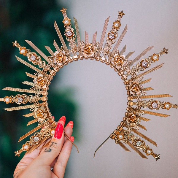 Corona de halo celestial de rosa dorada, tocado nupcial de diosa