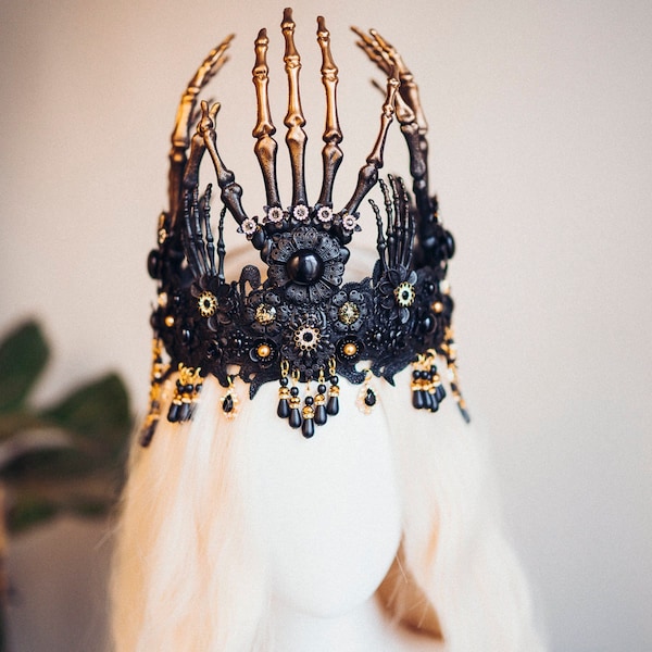 Halloween costume, Halloween headband, Halloween headpiece, Day of the Dead, La Catrina crown, Sugar skull, Skull crown, Gold flower crown