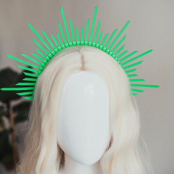 Neon Green Halo Crown Headpiece Festival couronne Burning man Zip cravates couronne Halo couronne Bandeau Festival Fashion Rave tenue