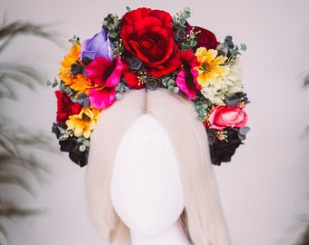 Couronne de fleurs Frida Kahlo, couronne de fleurs colorées, casque de fleurs, couronne de fleurs, couronne, bandeau, coiffure, photo de grossesse, couronne de déesse