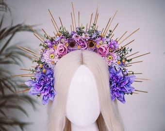 Couronne de halo de fleurs violettes, couronne violette, couronne de fleurs violettes, couronne de halo d'or, couronne de déesse, bandeau de fleurs, casque de fleurs, diadème