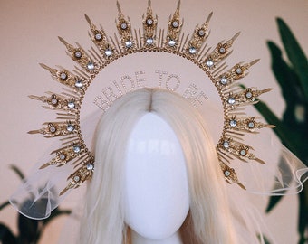 Bride halo crown, Bride headband, Bride to be, Bachelorette party, Gold halo crown, Gold crown, Goddess crown, Wedding veil, Wedding garter