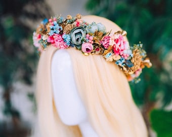 Flower crown Diadem Celestial jewellery Bridal headpiece Accessories Fairy Crown Gold Crown Crystal Crown Flower hair wreath Boho hair style