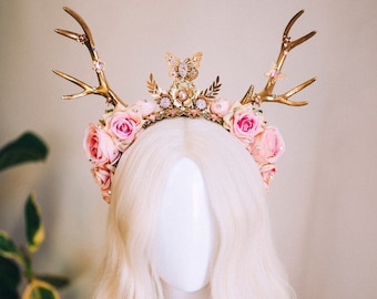 Deer Flower Crown, Headband, Headpiece, Gold Horns Crown, Pink Tiara, Halloween Party Crown, Festival, Burning man, Halloween, Deer Costume