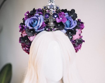 Couronne de fleurs violettes, couronne de halo d'or, couronne de La Catrina, bandeau d'Halloween, costume d'Halloween, casque d'Halloween, casque de fleur, Spooky