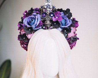 La Catrina crown, purple flower crown, skull tiara, gothic floral headpiece, dia de los muertos, sugar skull crown, statement festival crown