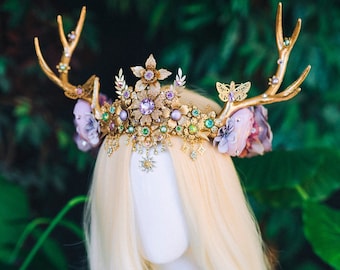 Flower Antlers Headband Deer Horns Lavender Crown Cute Tiara Christmas Party Burning Man Festival Deer Costume Halloween Flower Crown Boho