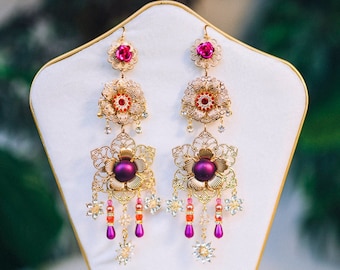 READY TO SHIP Romantic Flower Earrings Gold Earrings Beautiful Photo Props Celestial Earrings Wedding Flower Accessories Festival Fashion