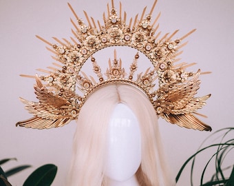 Angel halo crown, Gold halo crown with angel wings, Gold halo, Goddess crown, Angel wings, Gold crown, Gold headpiece, Maternity photo