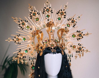 Cleopatra crown, Gold halo crown, Goddess headpiece, Gold cobra crown, Egypt costume. Cleopatra costume, Halloween, Burning man