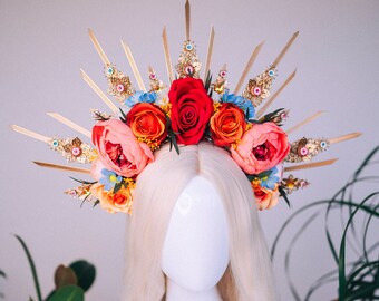 Flower crown, Flower halo crown, Gold halo with flowers, Gold crown with flowers, Flower headpiece, Goddess crown, Hawaiian crown, Festival