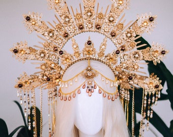 Couronne de halo, casque de mariage, couronne de déesse, couronne de fleurs, bandeau halo, couronne de mariage, couronne, costume d'Halloween, Burning man, couronne de soleil