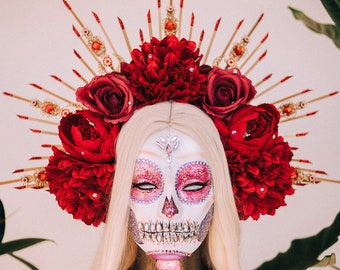 Halloween flower halo crown, Sugar skull, La Catrina flower crown, Halloween headband, Halloween costume, Day of the Dead, Flower crown
