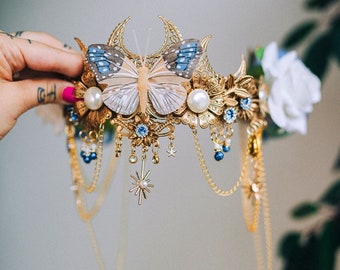 Gold butterfly crown with blue roses, Butterfly crown, Butterfly headpiece, Wedding crown, Halloween costume, Fairy crown, Flower crown