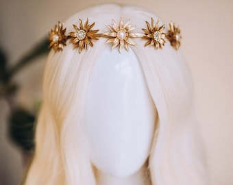 Couronne d'elfe, couronne de soleil, céleste, diadème en or, casque brillant solaire, couronne de fée, halo, diadème de festival, couronne de mariage, mariée bohème, mariée de festival