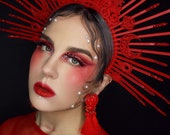Red Halo crown, Glitter Halo Headpiece, Festival crown, Festival headpiece, Met Gala Crown, Sunburst Crown, Zip Tie Crown, Mary Crown, Red