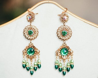 Filigree Green Gemstone Earrings, Boho Celestial Jewelry