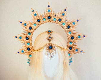 Blue Halo crown, Gold Halo, Goddess Crown,Photo props, Maternity Photo shoot, Queen Crown, Halo Headpiece, Crown, Headband,Celestial jewelry