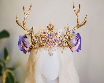 Flower crown, Lavender headband, Flower deer antlers, Gold crown, Christmas Party, Reindeer crown, Fairy crown, Elven tiara, Deer crown