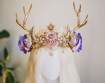 Bloemkroon, Lavendelhoofdband, Bloemhertengewei, Gouden kroon, Kerstfeest, Rendierkroon, Fairy kroon, Elven tiara, Hertenkroon