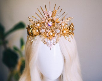 Golden Sunburst Crown, Celestial Goddess Tiara, Regal Boho