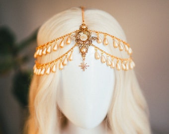 Celestial jewellery, Chain Headband, Festival Headpiece, Pearl Crown, Wedding crown, Bridal headpiece, Bridal crown, Hair accessories, Boho