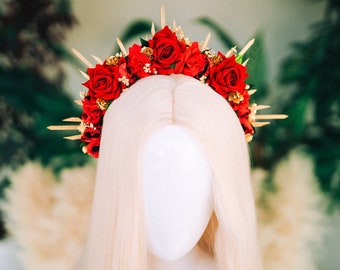 Red flower Halo crown Halo Headpiece Flower Crown Goddess crown Jewellery Hair accessories Bridal headpiece Bridal crown Wedding crown Boho